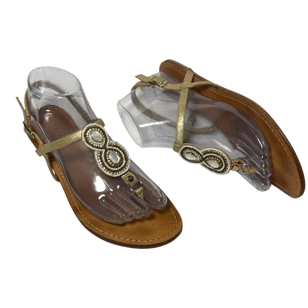 LILLY PULITZER Beaded Gold‎ Leather T-Strap Thong Sandals Size 7.5M